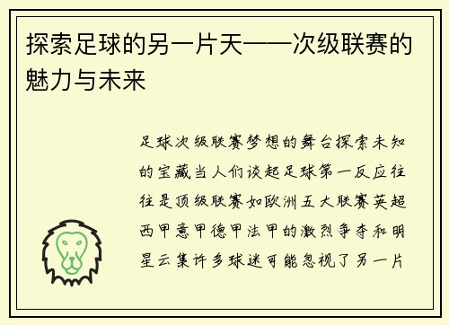 探索足球的另一片天——次级联赛的魅力与未来