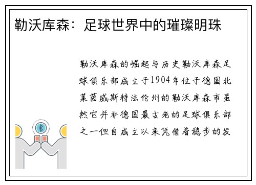 勒沃库森：足球世界中的璀璨明珠