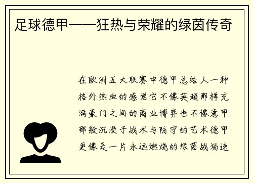 足球德甲——狂热与荣耀的绿茵传奇